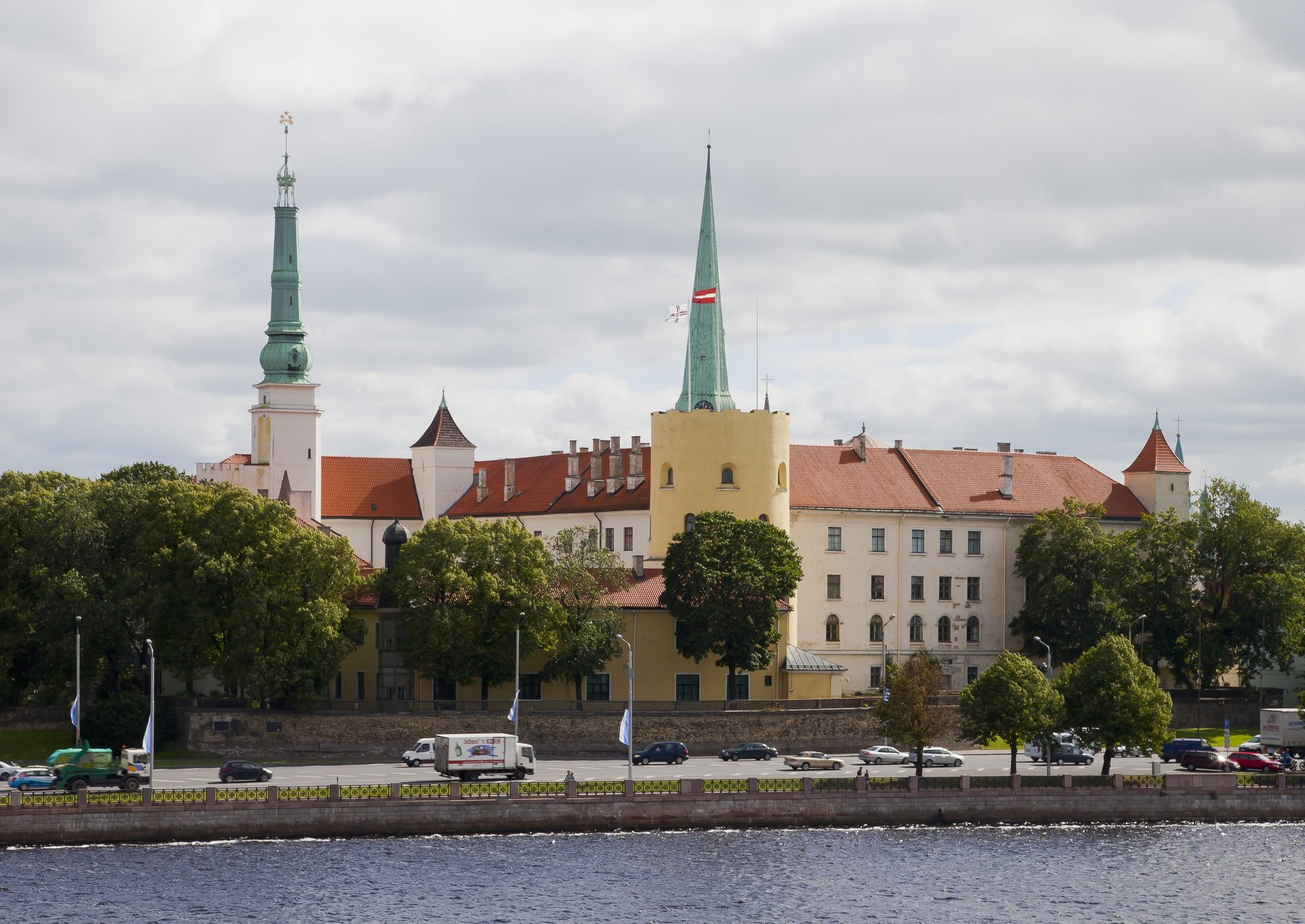 Riga Castle with Latvian flag